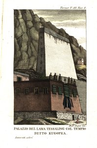 Mieszkanie Tessaling Lamy z budowlą religijną zwaną Kugopea. Ilustracja autorstwa porucznika Samuela Davisa Od kapitana Samuela Turnera (1759-1802) Relacja z ambasady przy dworze lamy Teshoo w Tybecie z 1800 r. Miedzioryt autorstwa Dell