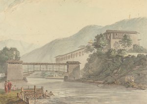 Widok na Tashichoedzong, Bhutan i Foot Bridge autorstwa Samuel Davis