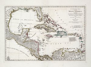 Kompletna mapa Indii Zachodnich zawierająca wybrzeża Florydy, Luizjany, Nowej Hiszpanii i Terra Firma ze wszystkimi wyspami autorstwa Samuel Dunn