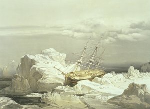 Krytyczna pozycja H.M.S. Badacz na północnym wybrzeżu wyspy Baring, 20 sierpnia 1851, grawerowane przez Williama Simpsona, opublikowane przez Ackermann und Co., 1854 autorstwa Samuel Gurney Cresswell