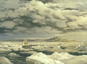 Pierwsze odkrycie lądu przez HMS Investigator, 6 września 1850, grawerowane przez E. Walkera, 1854