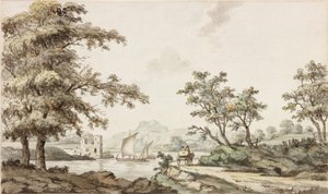 Rzeka z żaglówkami i koniem i wozem (atrament (czarny) i akwarela na papierze) autorstwa Samuel Henry Alken