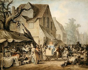 Scena targowa (pióro i tusz z akwarelą i tuszem do mycia) autorstwa Samuel Hieronymous Grimm