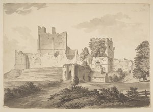 Widok zamku Prudhoe w parafii Ovingham wykonany tuszem indyjskim (tusz indyjski na papierze) autorstwa Samuel Hieronymous Grimm