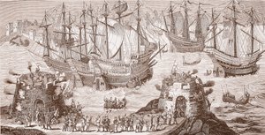 Henryk VIII wsiadający do Dover, z dużego druku opublikowanego przez Królewskie Towarzystwo Starożytności