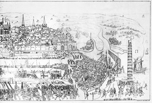 Oblężenie Boulogne przez króla Henryka VIII (1491-1547) w 1544 r., rycina Jamesa Basire