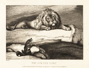 Lis niemądrze zbliżający się do samca lwa w jego legowisku. 1811 (akwaforta) autorstwa Samuel Howitt