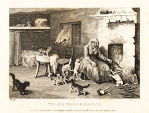 Stara wiedźma siedziała przy palenisku w chacie otoczonej kotami. 1811 (akwaforta)