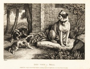 Dwa spaniele szczekają na buldoga z dzwoneczkiem na kołnierzu. 1811 (akwaforta)