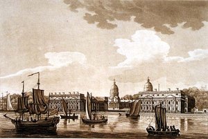 Szpital Greenwich, ilustracja z „Malowniczych widoków na Tamizę”, wyd. 1799 (akwaforta, akwatinta)