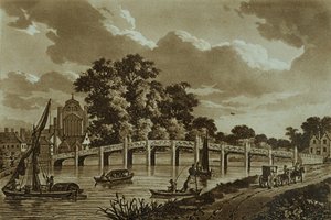 Hampton Court Bridge, ilustracja z „Malowniczych widoków na Tamizę”, wyd. 1799 (akwaforta, akwatinta) autorstwa Samuel Ireland