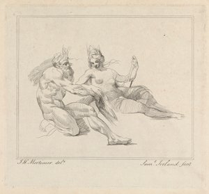 Trzy akwaforty ułożone na jednym arkuszu: Dwie postacie mitologiczne autorstwa Samuel Ireland