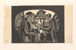 Grupa figur w łuku Wizjonerska wyobraźnia: grupa postaci, zamknięta w kształcie łuku, u góry pośrodku frontalny mężczyzna w kapeluszu autorstwa Samuel Jessurun de Mesquita (signed by artist)