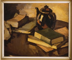 Martwa natura z czajnikiem i książkami na stole, ok. 1926 autorstwa Samuel John Peploe