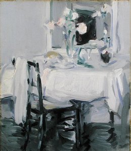 Wnętrze z różami w wazonie na stole (olej na płótnie) autorstwa Samuel John Peploe