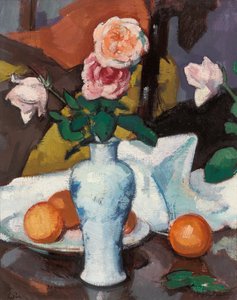 Róże w wazonie z pomarańczami i białym obrusem, autorstwa Samuel John Peploe