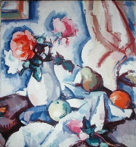 Róże w białym wazonie (olej na płótnie) autorstwa Samuel John Peploe