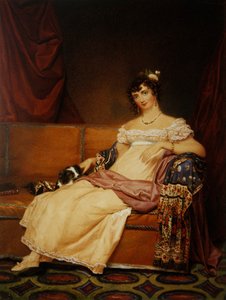 Lady Waterhouse siedząca na sofie ze swoim spanielem (akwarela na papierze)