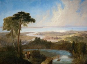 Panoramiczny widok na ujście rzeki Severn, początek połowy XIX wieku.