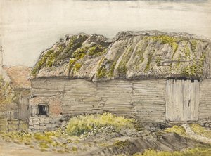 Stodoła z omszałym dachem, Shoreham (akwarela z brązowym washem, tuszem, gwaszem i ołówkiem na papierze) autorstwa Samuel Palmer
