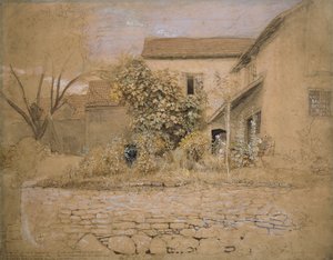 Dom i ogród w Tintern, 1835 (pióro i atrament, wc i farba do ciała na graficie i czarnej kredzie na różowożółtym papierze) autorstwa Samuel Palmer