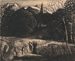 Pole kukurydzy i kościół przy świetle księżyca autorstwa Samuel Palmer