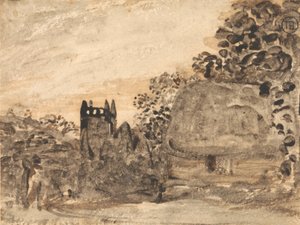 Domek kryty strzechą i kościół autorstwa Samuel Palmer
