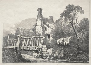 Seria starożytnych budynków i wiejskich domków w północnej Anglii: w pobliżu Byland, 1821. autorstwa Samuel Prout