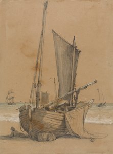 Barco de pesca na praia com um Brig em Seapolish autorstwa Samuel Prout
