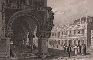 Skrócenie perspektywiczne arkady Pałacu Dożów (Palazzo Ducale) z widokiem na Plac Św. Marka i Pałac Biblioteczny, Wenecja, Veneto, Włochy, staloryt według rysunku Samuela Prouta (1783-1852), ok. 15x11,5 cm autorstwa Samuel Prout