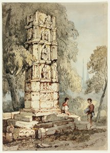 Dwie postacie obok średniowiecznych ruin z kościołem w oddali autorstwa Samuel Prout