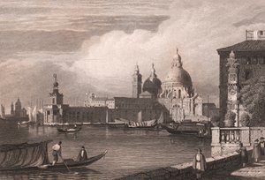 Widok na Canal Grande (Canal Grande) z Punta della Dogana i Bazyliką Santa Maria della Salute w tle, Wenecja, Veneto, Włochy, staloryt według rysunku Samuela Prouta (1783-1852), około 15x11,5 cm autorstwa Samuel Prout