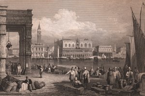 Widok Basenu Św. Marka w Wenecji, Veneto, Włochy, staloryt na podstawie rysunku Samuela Prouta (1783-1852), ok. 15x11,5 cm autorstwa Samuel Prout