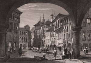 Widok rynku w Domodossola, Piemont, Włochy, staloryt na podstawie rysunku Samuela Prouta (1783-1852), ok. 16x11 cm autorstwa Samuel Prout