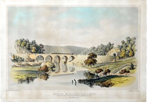 Most kolejowy North Midland nad rzeką Derwent i Matlock Road w pobliżu Amber Gate. 1840 (litografia kolorowana ręcznie na papierze) autorstwa Samuel Russell