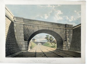 Kolej North Midland. Widok na most New Street Bridge itp. w Belper, patrząc na południe, ok. 1840 r. (ręcznie kolorowana litografia na papierze) autorstwa Samuel Russell