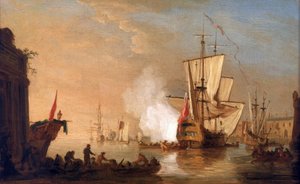 Brytyjski okręt wojenny strzelający z armaty na powitanie po przybyciu do portu, którego zabudowania przywodzą na myśl port na Morzu Śródziemnym. Olej na płótnie, około 1765 roku, autorstwa Samuela Scotta (1702-1772). autorstwa Samuel Scott