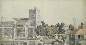 Kościół Twickenham pod rusztowaniem, XVIII w. (toaleta, pióro i atrament na papierze) autorstwa Samuel Scott