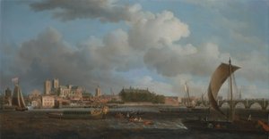 Westminster z Lambeth, z ceremonialną barką Ironmongers Company autorstwa Samuel Scott