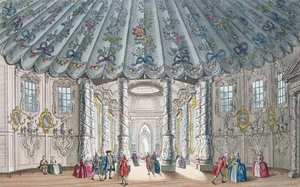 Widok wnętrza eleganckiej sali muzycznej w Ogrodach Vauxhall, grawerowane przez H. Roberts, 1752 (ręcznie kolorowane grawerowanie) autorstwa Samuel Wale