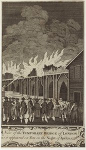 Widok tymczasowego mostu w Londynie, gdy płonął w nocy 11 kwietnia 1758 r. autorstwa Samuel Wale