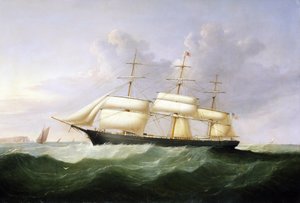 Statek "Palestine", z pełnymi żaglami, noszący banderę Stanów Zjednoczonych (USA) Ameryki, zbudowany w 1854 r., przeznaczony do transportu pasażerskiego na linii transatlantyckiej autorstwa Samuel Walters
