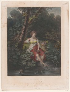 Młoda kobieta z wieńcem kwiatów i stopami w wodzie La Baigneuse (tytuł na obiekcie) autorstwa Samuel William Reynolds (I)