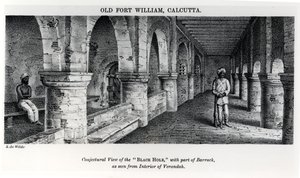 Stary Fort William, Kalkuta, z hipotetycznym widokiem „czarnej dziury” z częścią baraku, widziany z wnętrza werandy