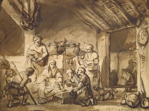 Adoracja pasterzy, ok. 1646 (pióro, pędzel i ołówek na papierze) autorstwa Samuel van Hoogstraten