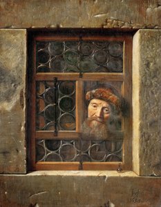 Stary człowiek w oknie - Samuel Dirksz van Hoogstraten (1627-1678). olej na płótnie