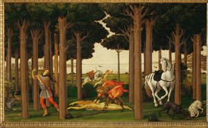 Historia Nastagio degli Onesti, drugi z trzech paneli: Jeździec zabija dziewczynę i rzuca jej serce psom