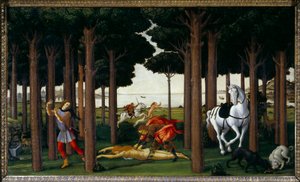 Story of Nastagio degli Onesti: Infernal Hunt”” drugi panel z serii czterech: Nastagio, nieszczęśliwy w miłości, uczestniczy w patroszeniu młodej kobiety, winnej nie wymieniania miłości, którą żywi rycerz, a którą pożrą psy. Z krótkiej stoy autorstwa Sandro Botticelli