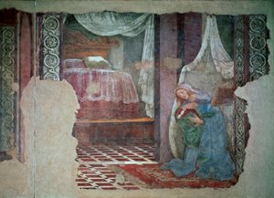 Szczegółowo Matki Boskiej Zwiastowania. Fresk Alessandro di Mariano dei Filipepi dit Sandro Botticelli (1445-1510). 1481 niedz 245x535 cm Florencja, Galeria Uffizi (Biura) autorstwa Sandro Botticelli