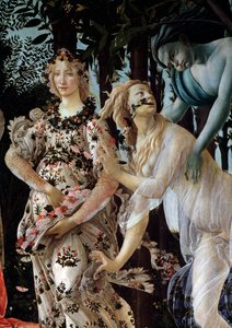 Wiosna. Szczegół: Zephyr chwyta nimfę Chloris w przezroczystym welonie, a Flora w kwiecistej sukience (Malarstwo autorstwa Sandro Botticelli